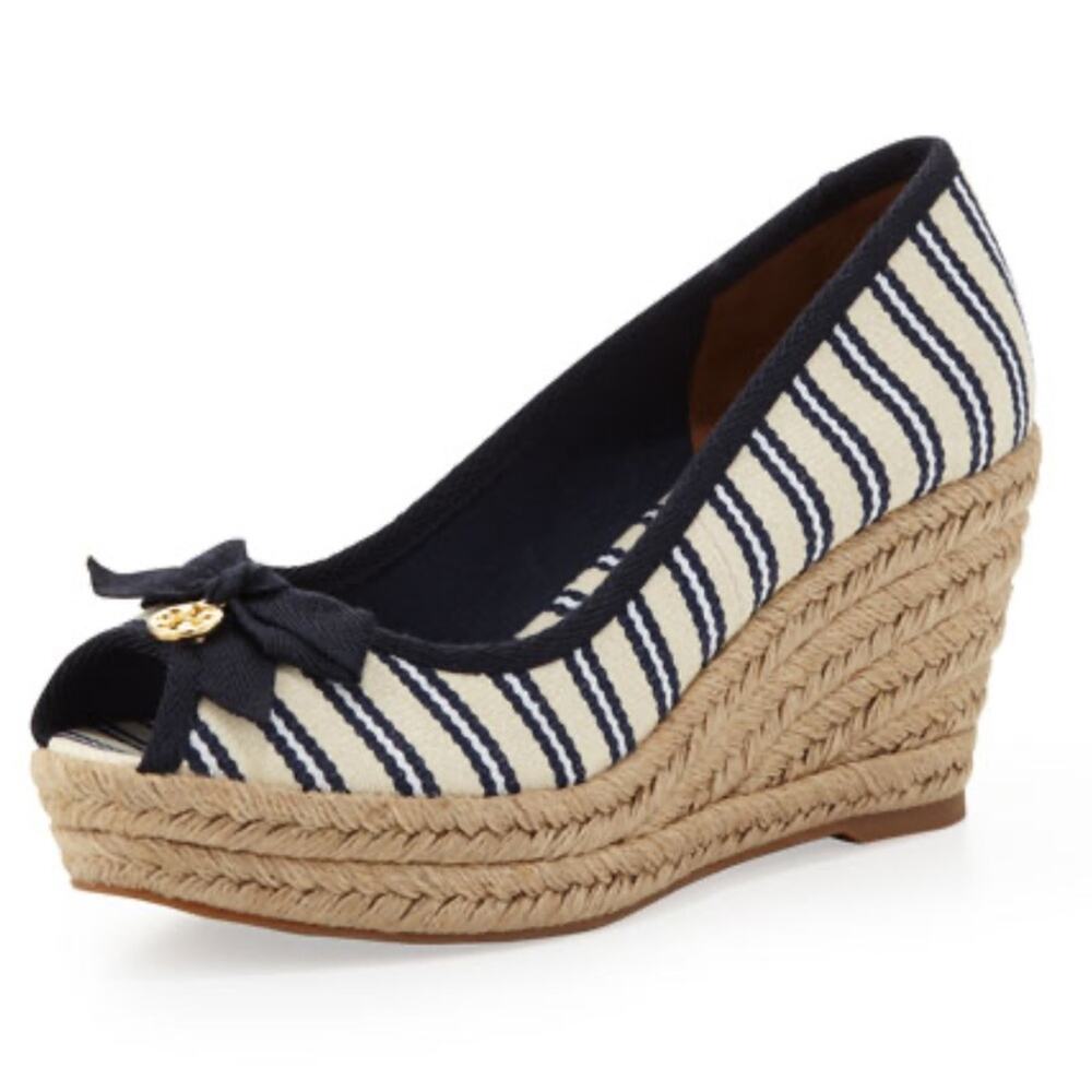 Tory Burch Jackie Striped Peep-Toe Wedge sandal Ivory Navy